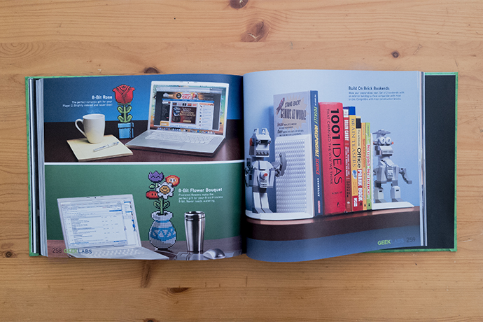 GeekLabs Book interior pages featuring 8-bit Rose, 8-bit flower bouquet, and the Build on Brick Bookends